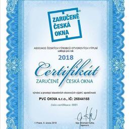 Naše společnost byla opakovaně úspěšně certifikovaná dle projektu Zaručeně česká okna 2018 